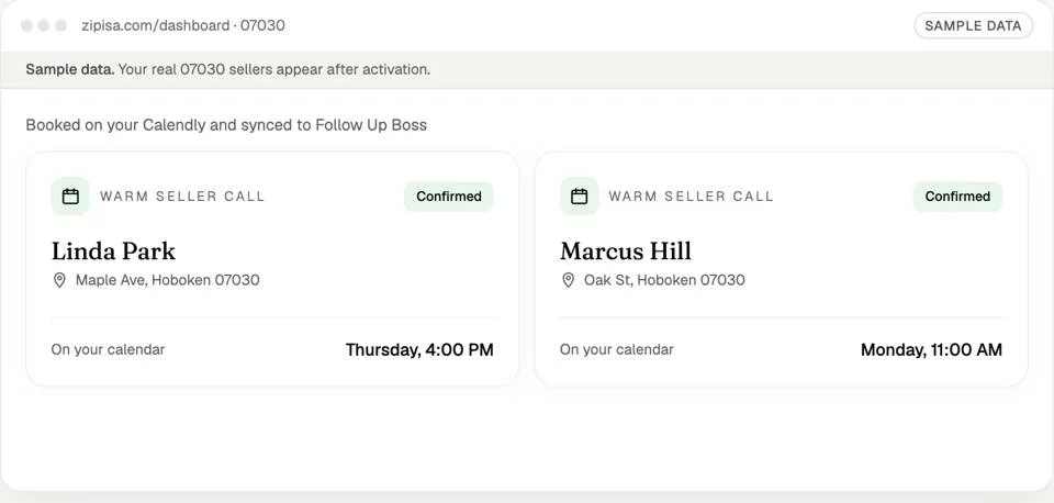 Seller calls booked on the calendar, sample data